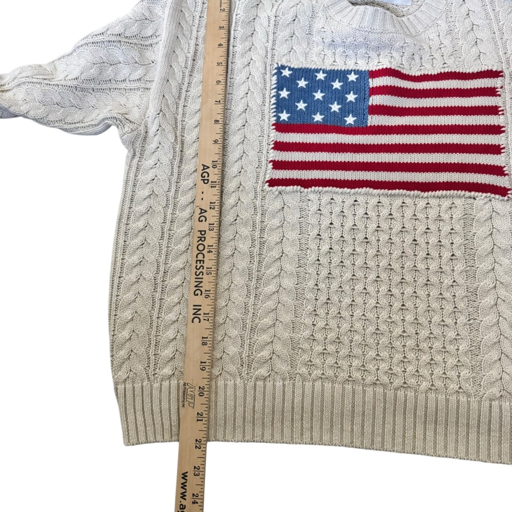 Denimist American Flag Cable Knit Sweater Oatmeal Cream Preppy Patriotic USA J32 - Picture 5 of 9